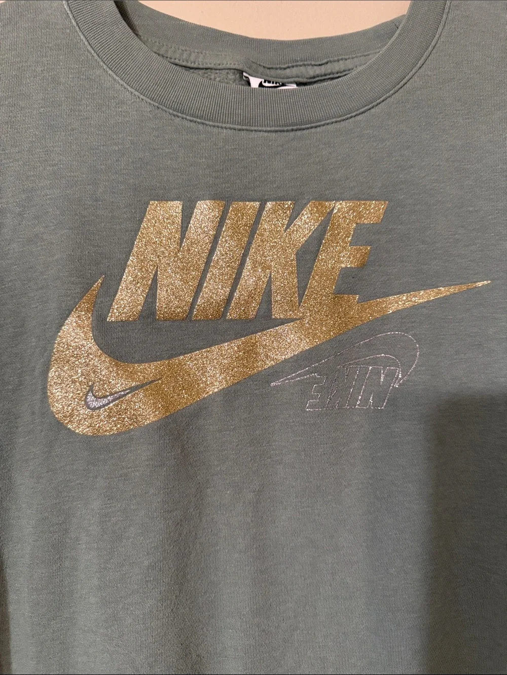 Nike Sage Green Crewneck Sweatshirt with Metallic Gold Swoosh